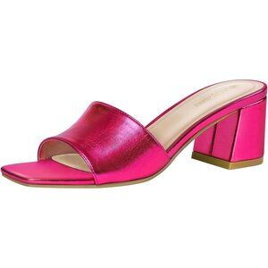 🆕Women Hot Pink Metallic Square Open Toe Heels Sandals Low Block Chunky Sandal